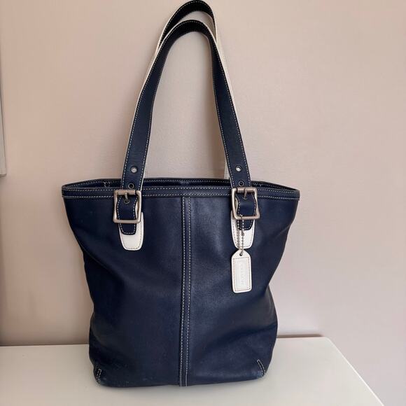 Coach | Bags | Coach Vintage Leather Shoulder Bag Tote Navy Blue